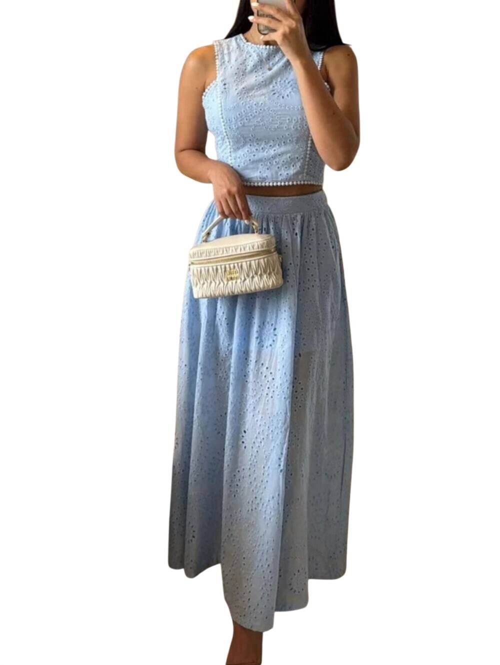 Casual 2Piece  Light Blue Eyelet Maxi Skirt with Matching Crop Top sz Small